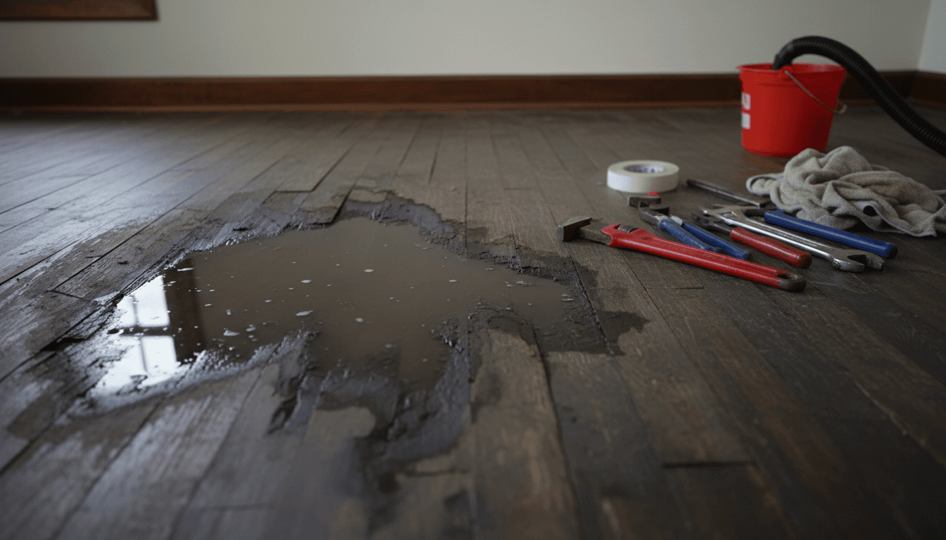 Water damage on wooden floor with tools