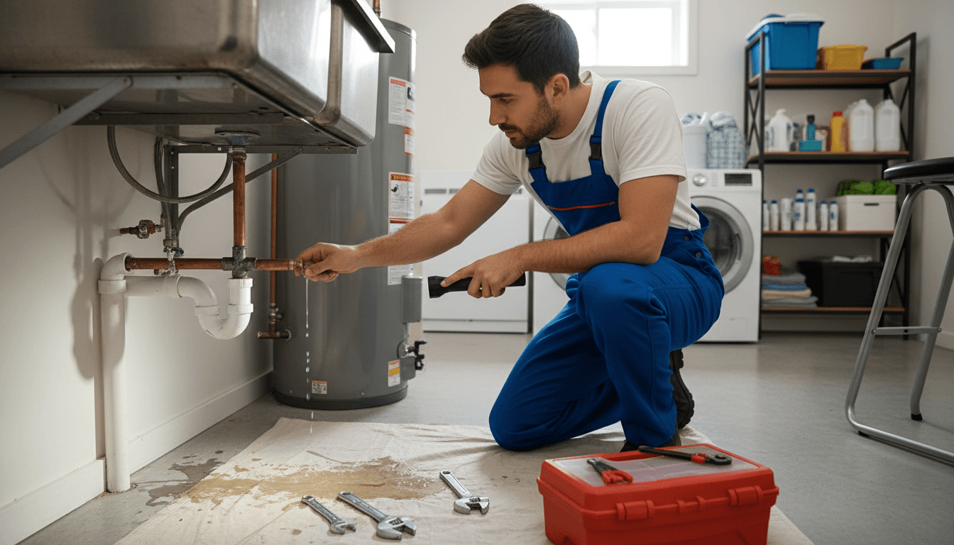 Plumber inspecting a pipe leak