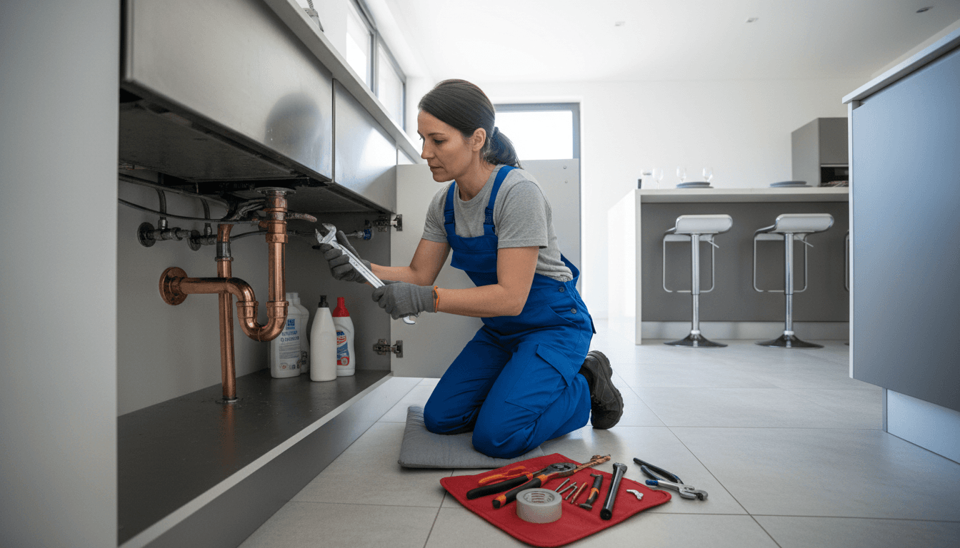 Plumber fixing a pipe under a sink