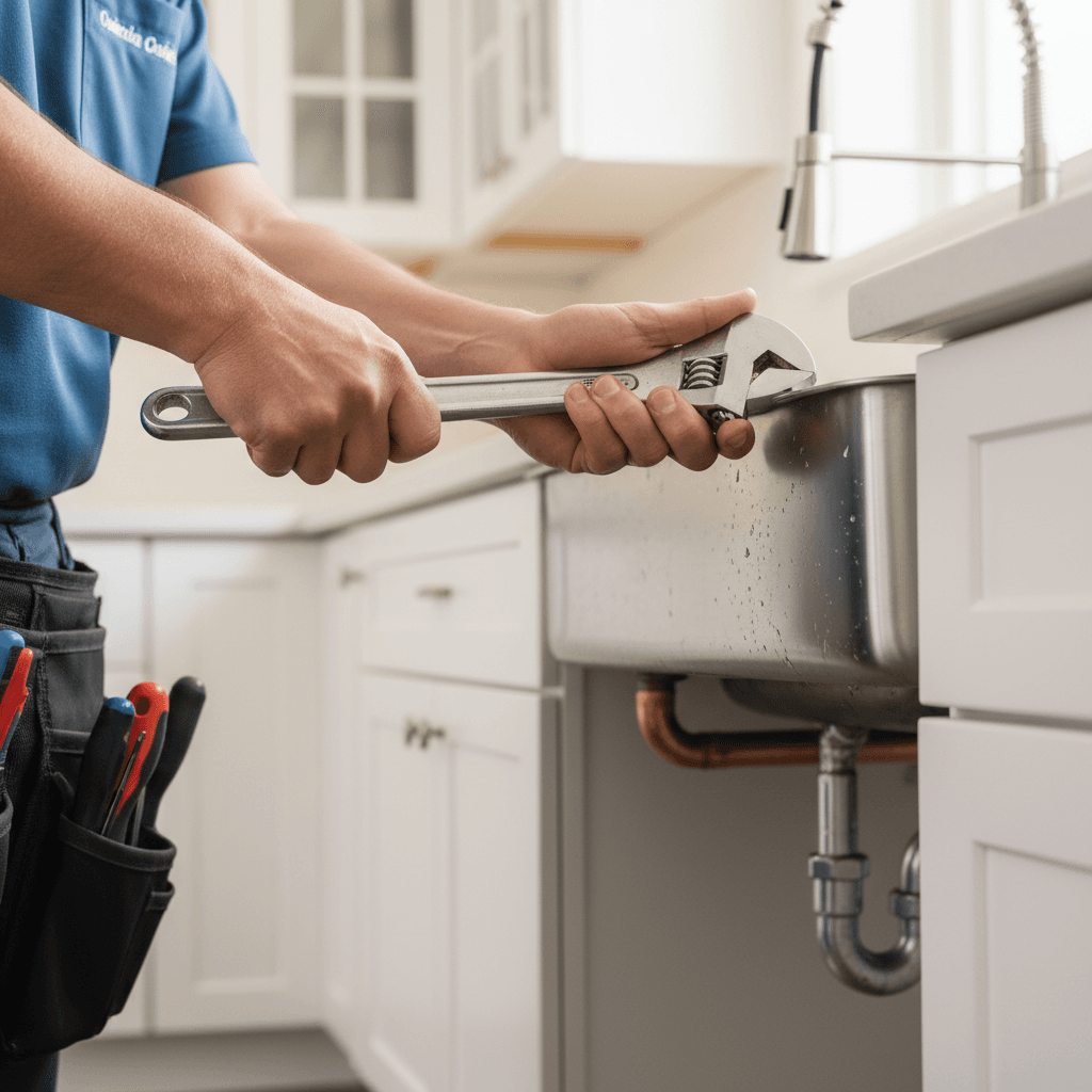 Plumber repairing a leaking pipe under a kitchen sink