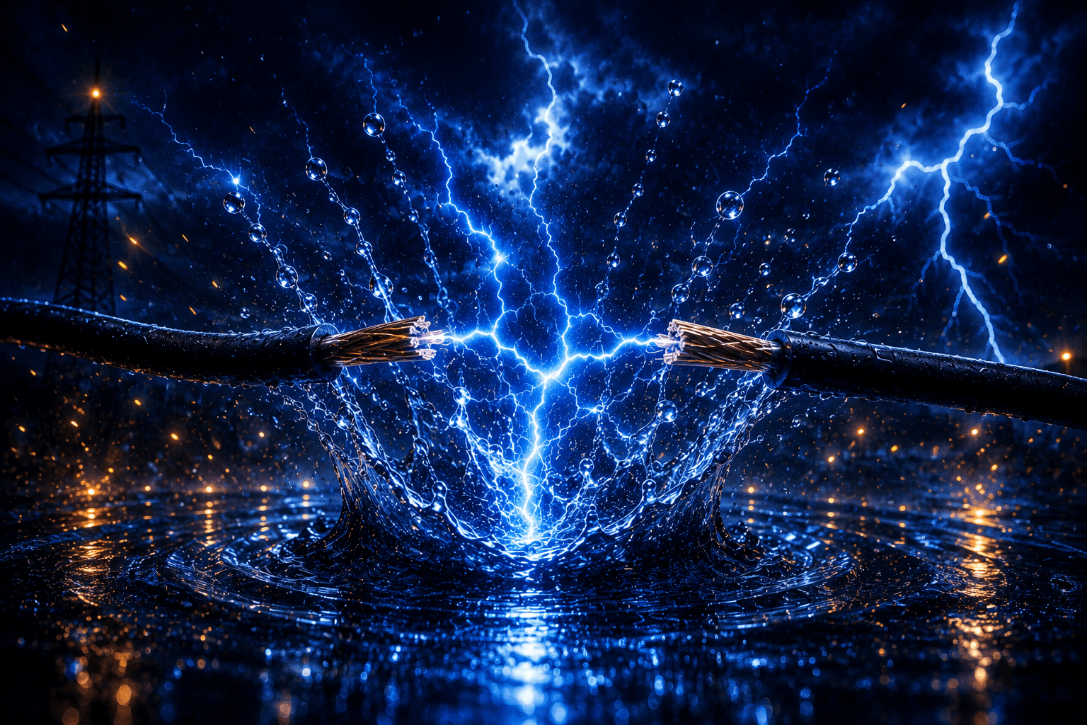 Severed power cables arcing blue electricity over splashing water during a dark lightning storm.